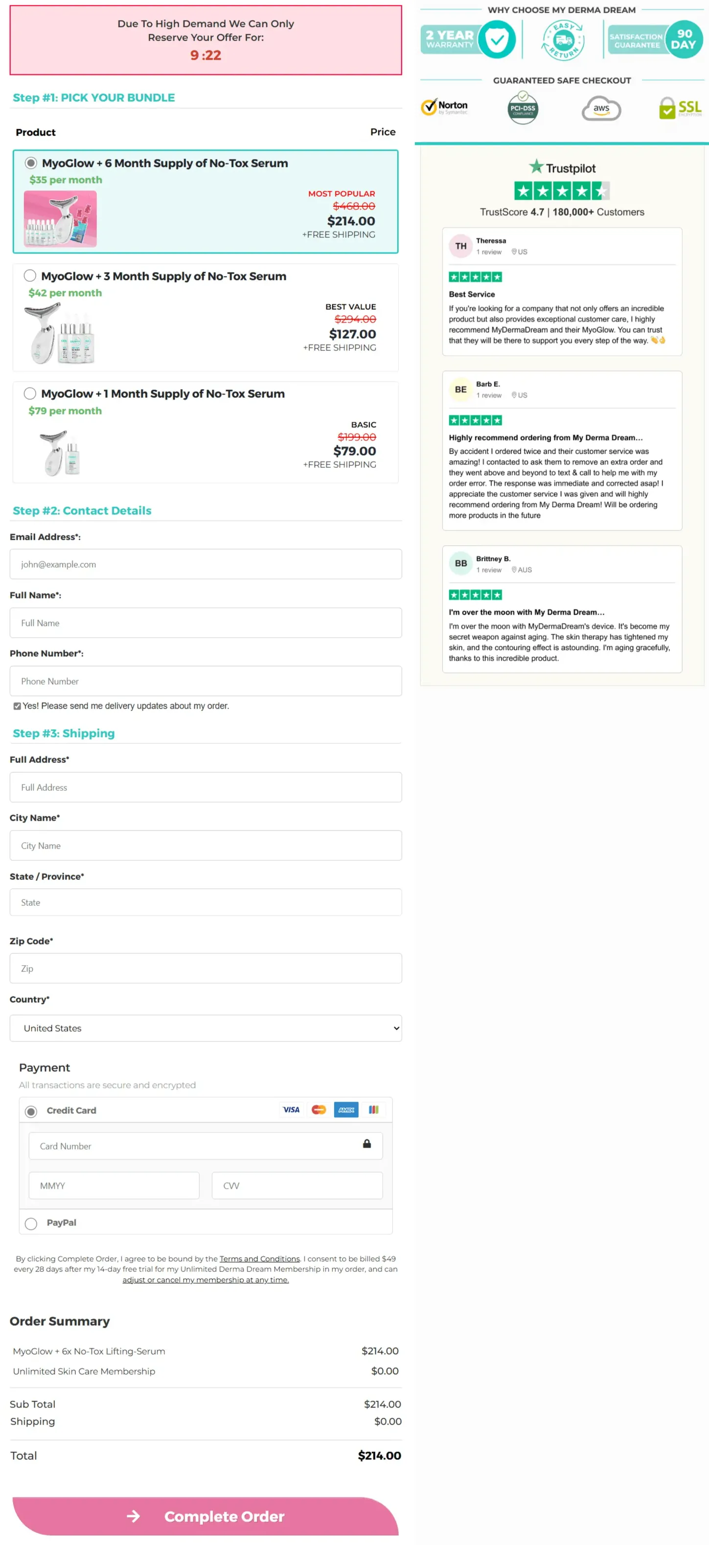 myoglow checkout page
